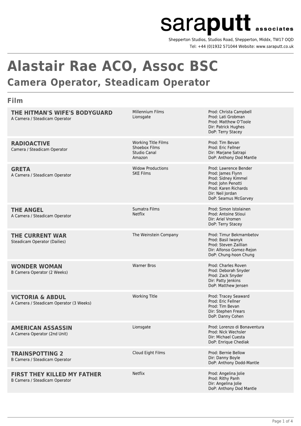 Alastair Rae ACO, Assoc BSC Camera Operator, Steadicam Operator