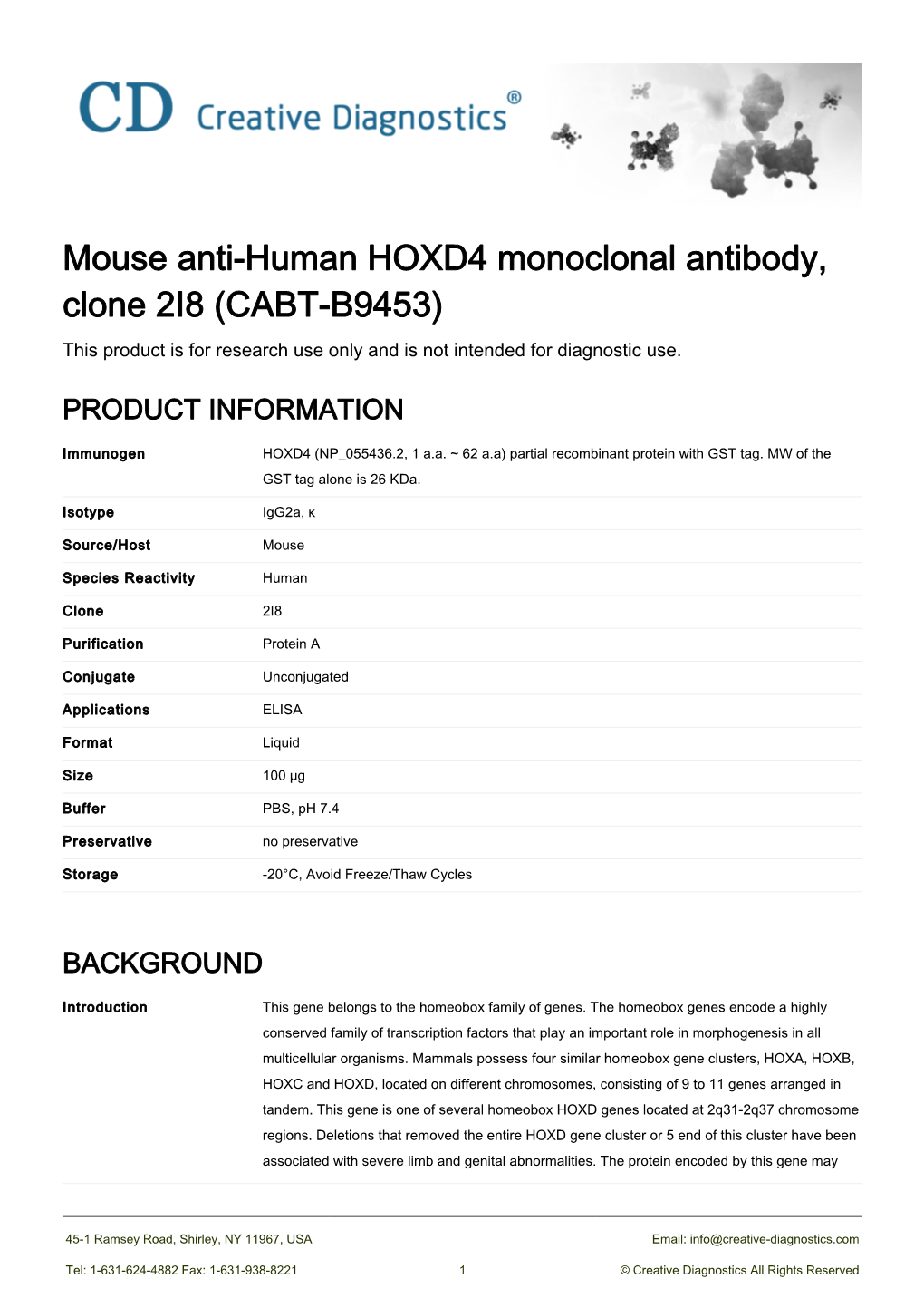 Mouse Anti-Human HOXD4 Monoclonal Antibody, Clone 2I8 (CABT-B9453) This Product Is for Research Use Only and Is Not Intended for Diagnostic Use