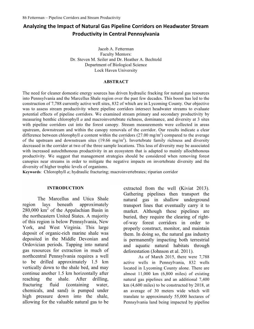 Analyzing the Impact of Natural Gas Pipeline Corridors on Headwater Stream Productivity in Central Pennsylvania