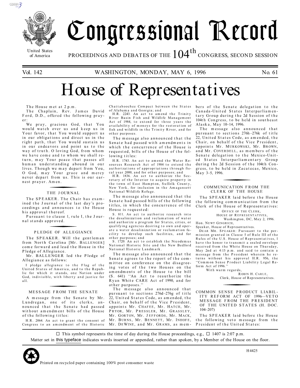 Congressional Record United States Th of America PROCEEDINGS and DEBATES of the 104 CONGRESS, SECOND SESSION