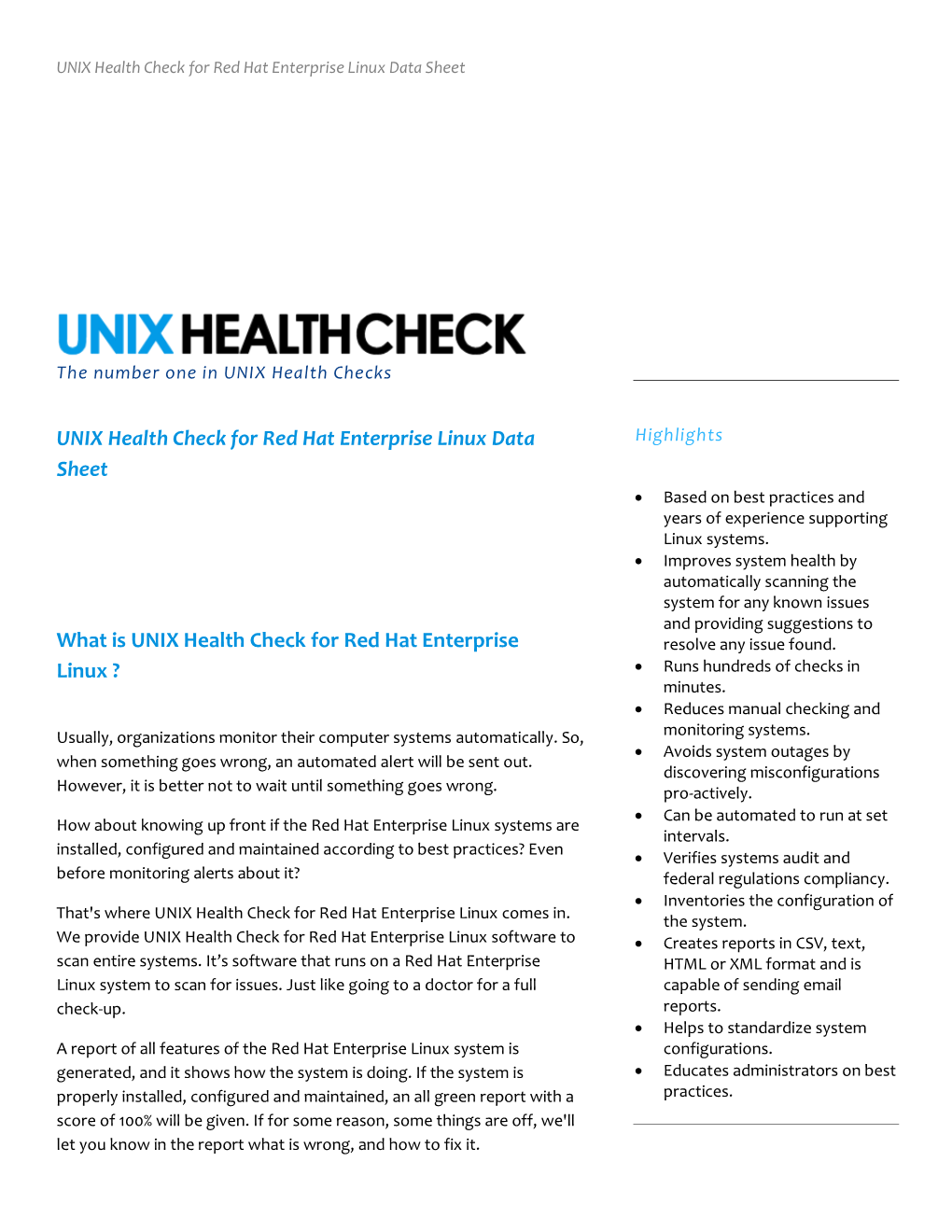 UNIX Health Check for Red Hat Enterprise Linux Data Sheet What