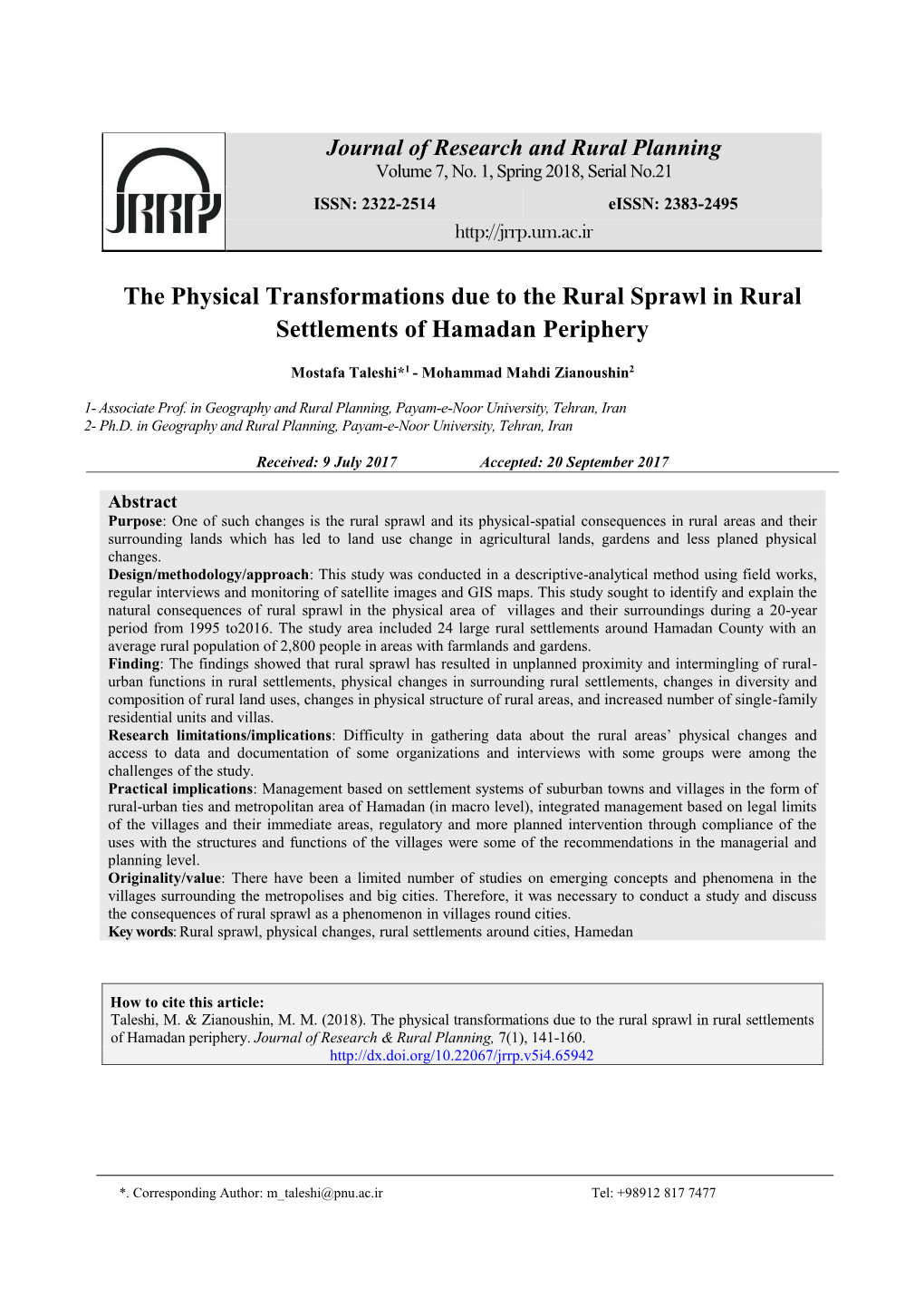 The Physical Transformations Due to the Rural Sprawl in Rural Settlements of Hamadan Periphery