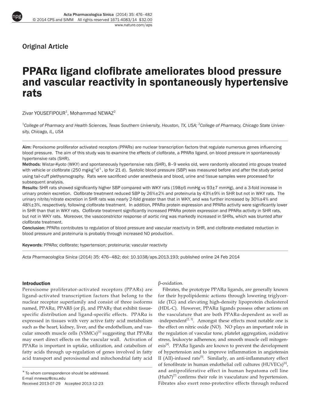 Pparα Ligand Clofibrate Ameliorates Blood Pressure and Vascular Reactivity in Spontaneously Hypertensive Rats