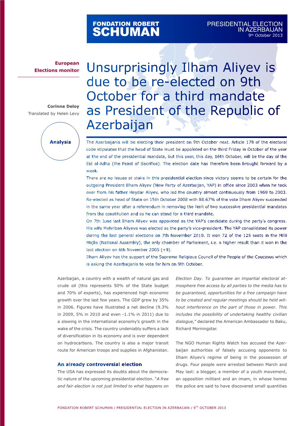 PRESIDENTIAL ELECTION in AZERBAIJAN 9Th October 2013