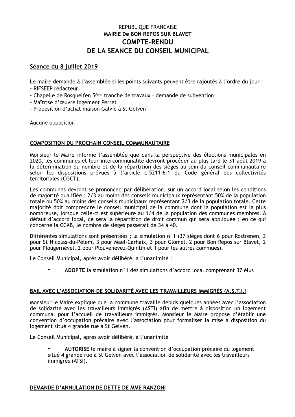 Compte-Rendu De La Seance Du Conseil Municipal