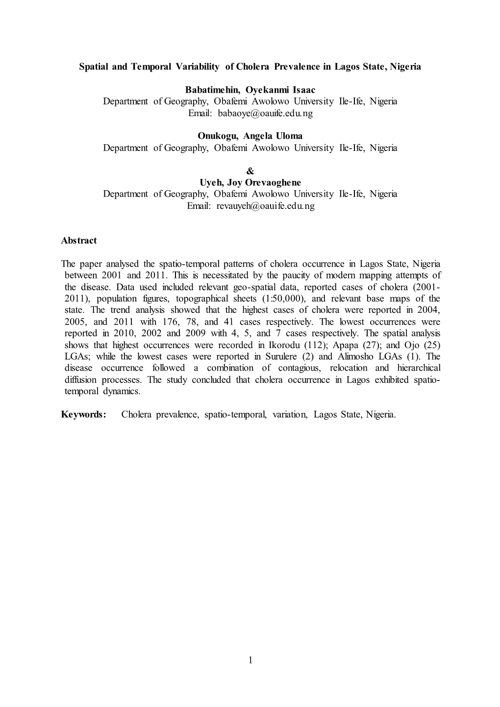 1 Spatial and Temporal Variability of Cholera Prevalence in Lagos State