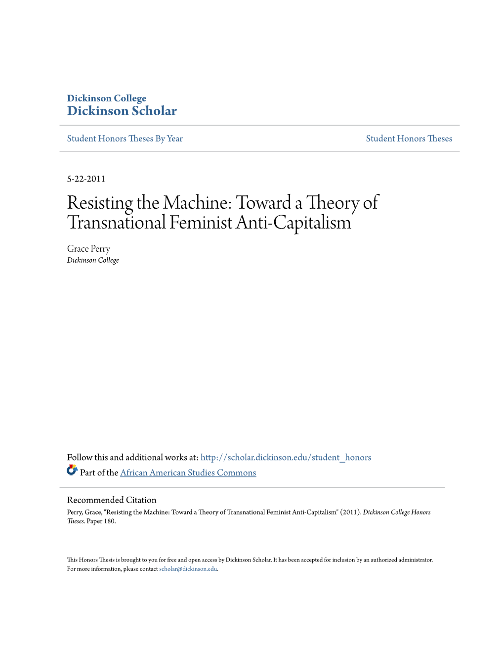 Toward a Theory of Transnational Feminist Anti-Capitalism Grace Perry Dickinson College