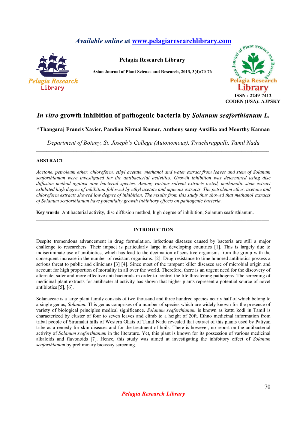 In Vitro Growth Inhibition of Pathogenic Bacteria by Solanum Seaforthianum L