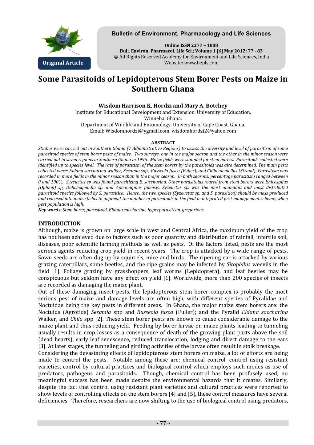 Some Parasitoids of Lepidopterous Stem Borer Pests on Maize in Southern Ghana