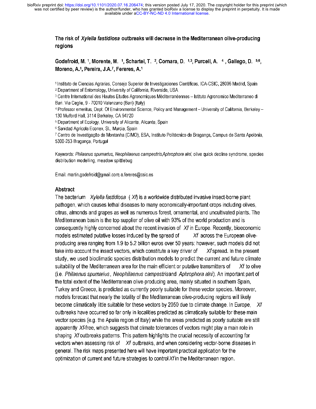 The Risk of Xylella Fastidiosa Outbreaks Will Decrease in the Mediterranean Olive-Producing Regions