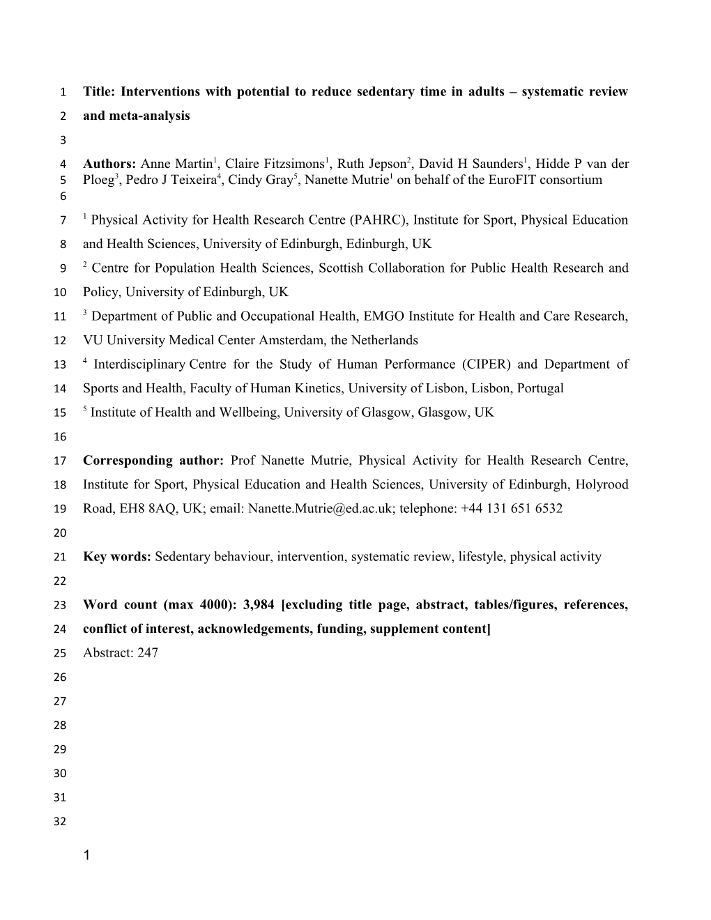 Title: Interventions with Potential to Reduce Sedentary Time in Adults Systematic Review