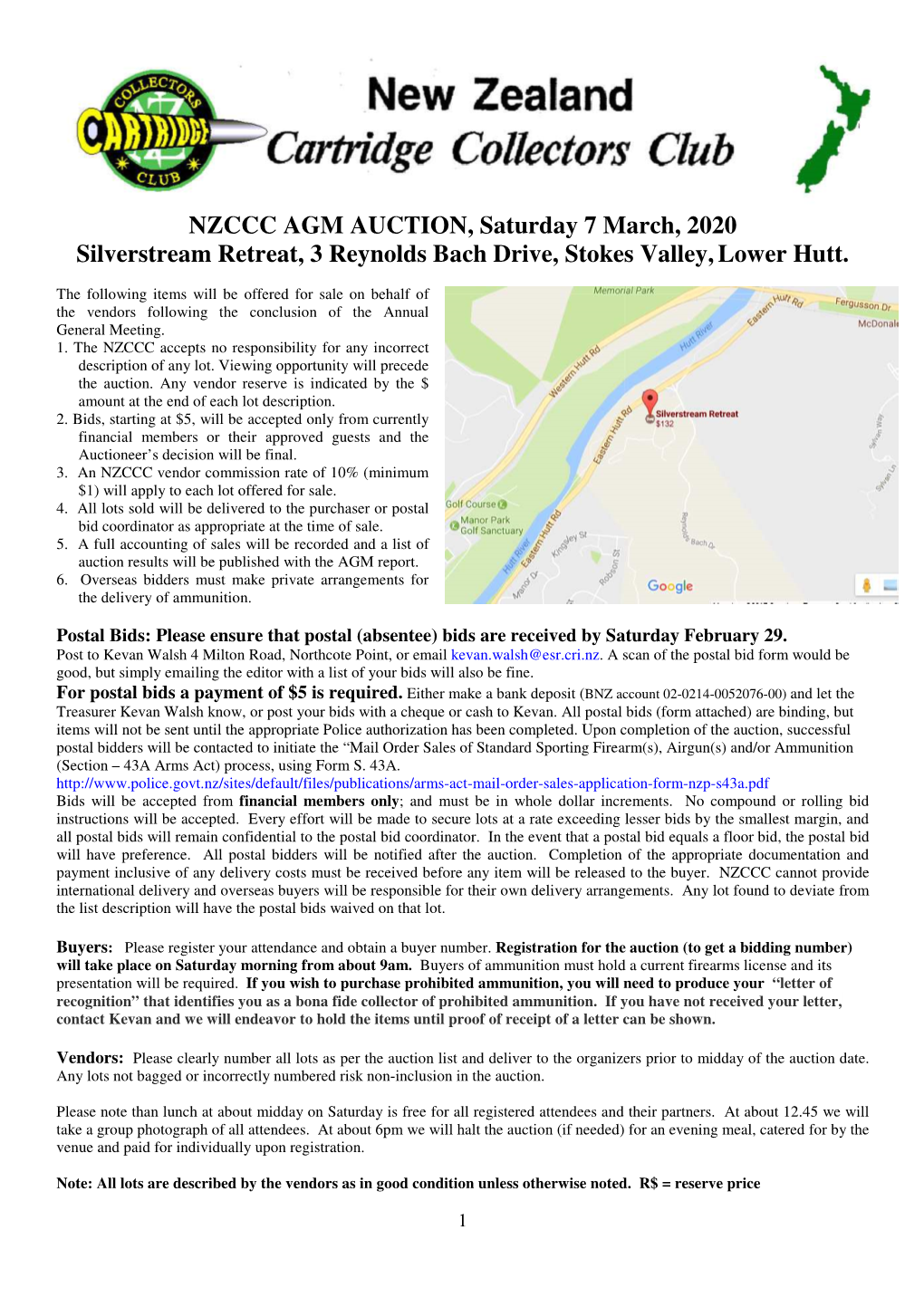 NZCCC AGM AUCTION, Saturday 7 March, 2020 Silverstream Retreat, 3 Reynolds Bach Drive, Stokes Valley, Lower Hutt