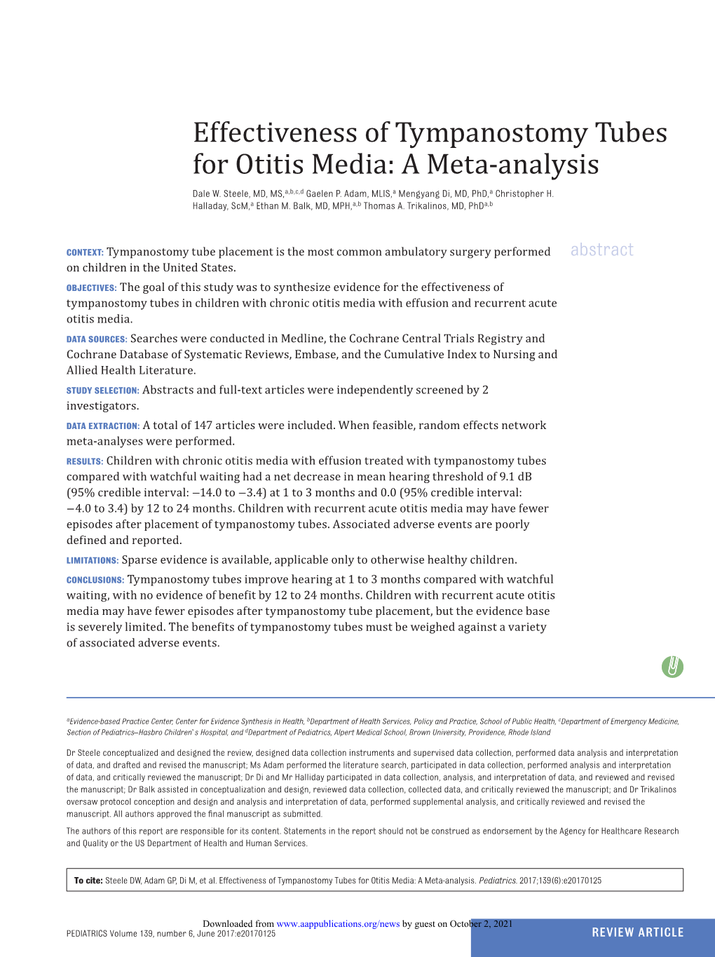 Effectiveness of Tympanostomy Tubes for Otitis Media: a Meta-Analysis