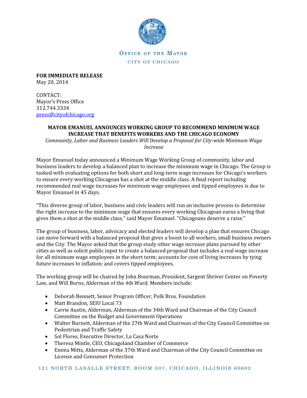 FOR IMMEDIATE RELEASE May 20, 2014 CONTACT: Mayor's Press
