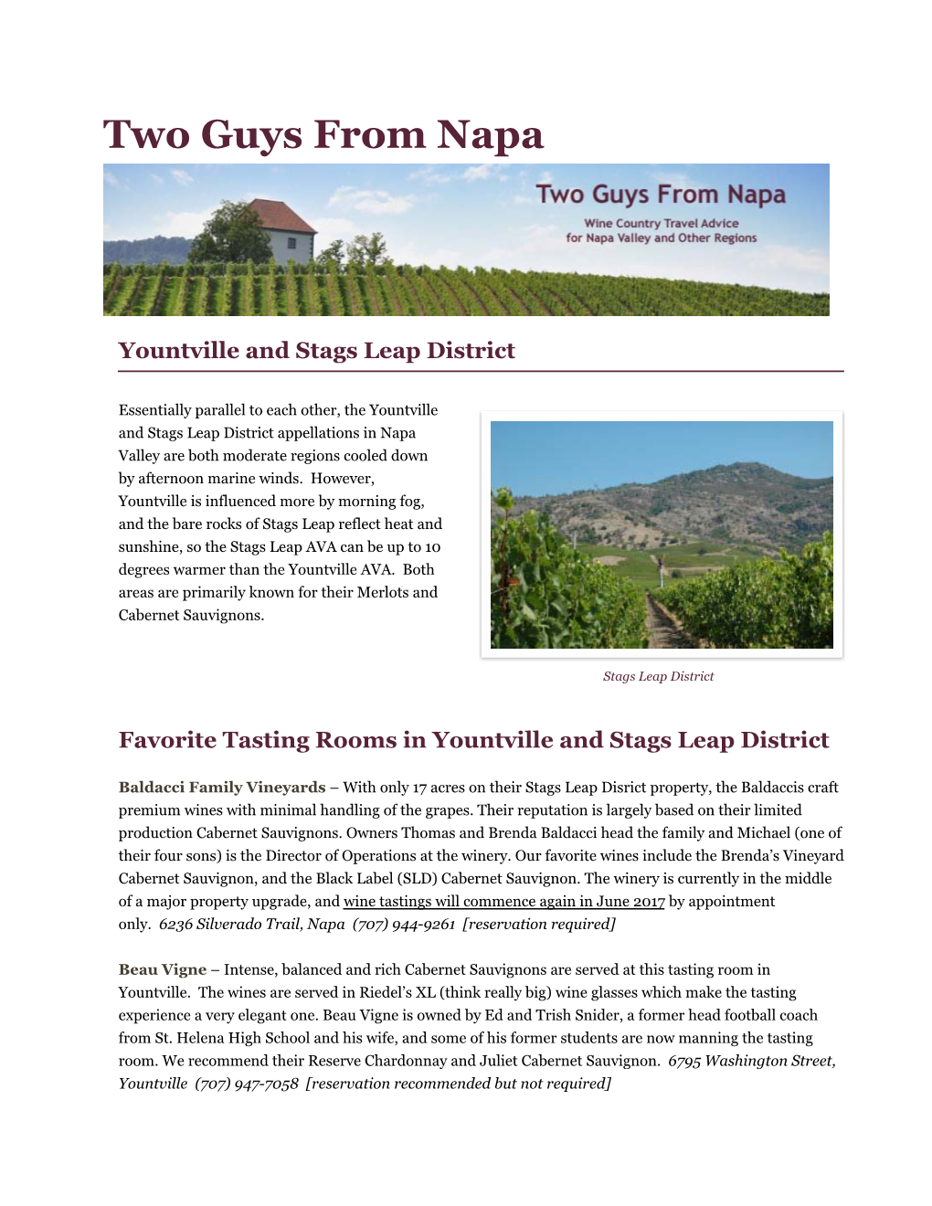 Wine Country Travel Advice for Yountville and Stags Leap District