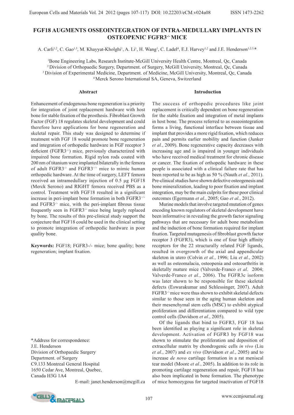 Fgf18 Augments Osseointegration of Intra-Medullary Implants in Osteopenic Fgfr3-/- Mice