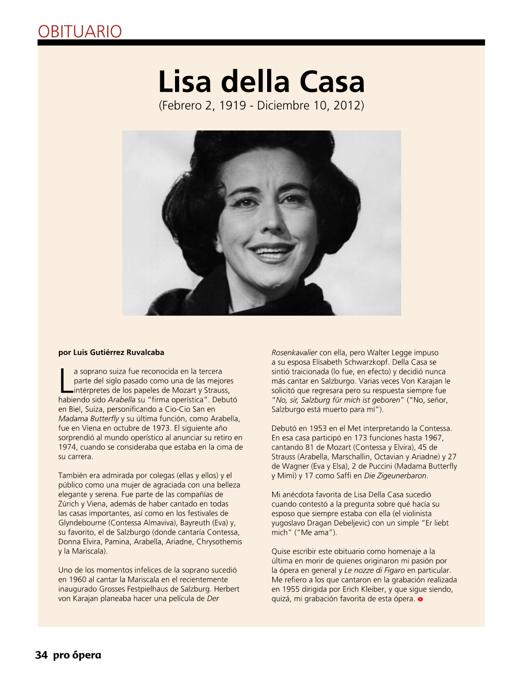 Lisa Della Casa (Febrero 2, 1919 - Diciembre 10, 2012)