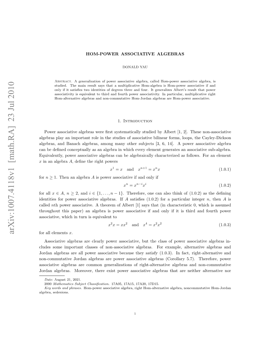 Arxiv:1007.4118V1 [Math.RA] 23 Jul 2010