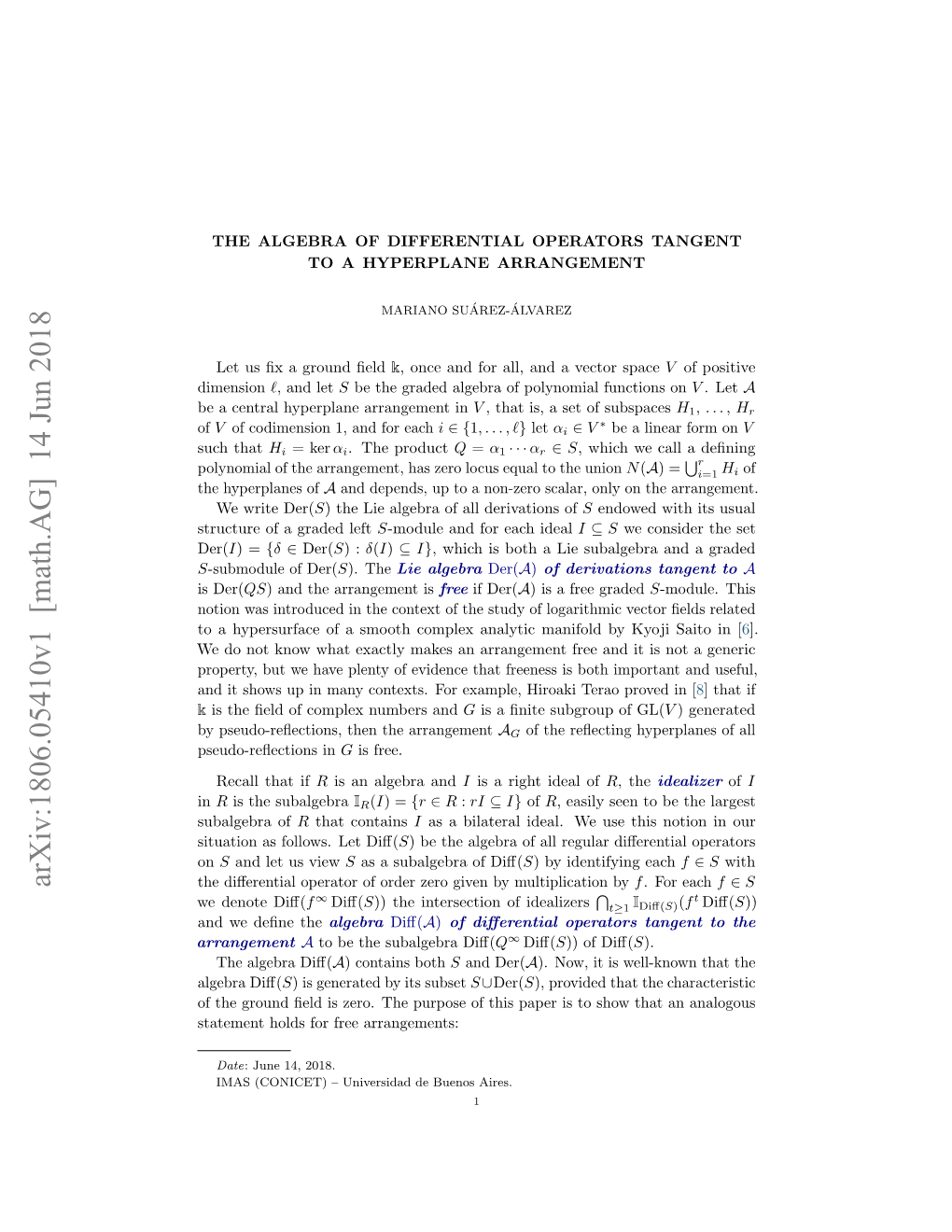 Arxiv:1806.05410V1 [Math.AG] 14 Jun 2018 the Diﬀerential Operator of Order Zero Given by Multiplication by F