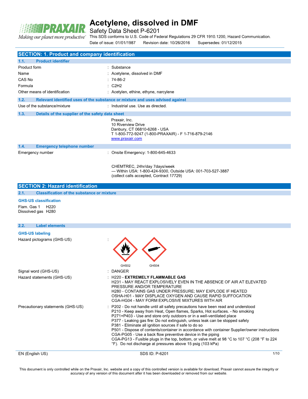 Acetylene, Dissolved in DMF Safety Data Sheet SDS P6201