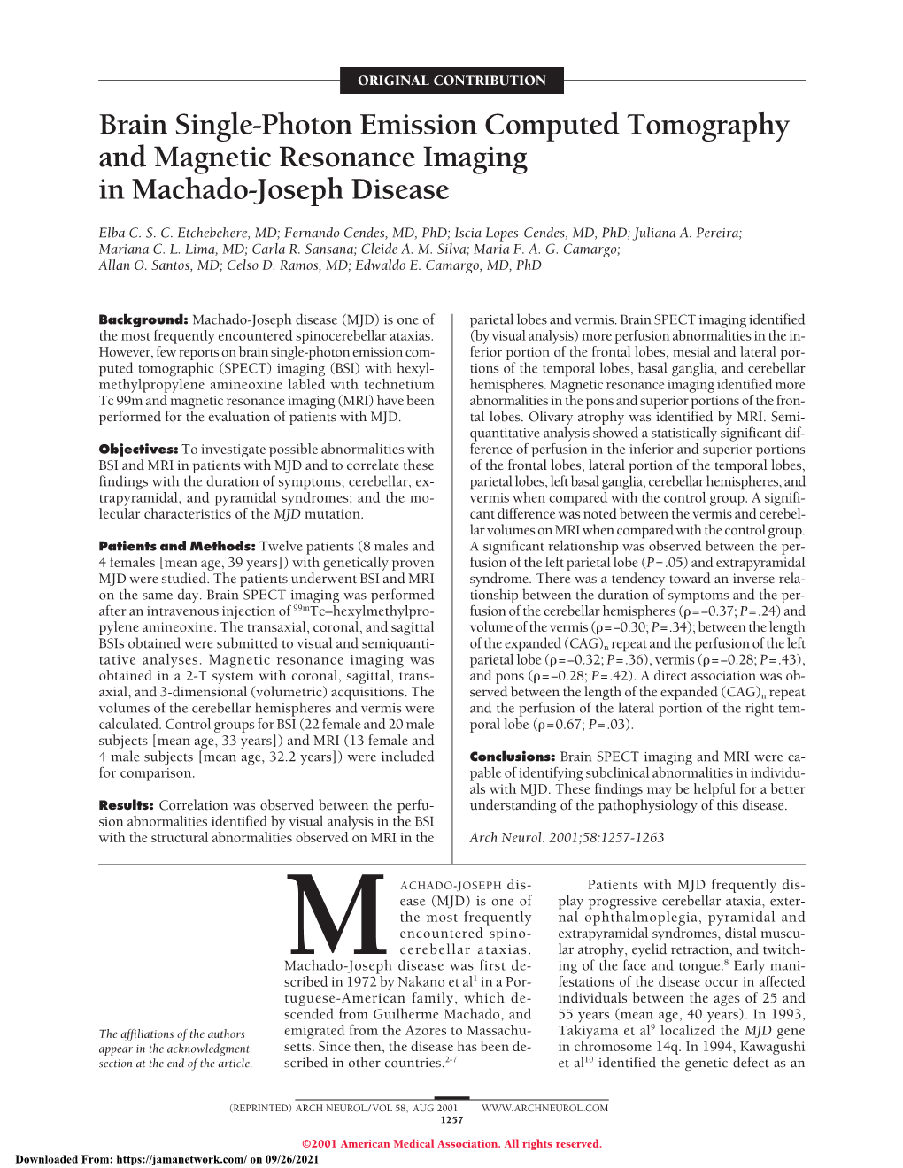 Brain Single-Photon Emission Computed Tomography and Magnetic Resonance Imaging in Machado-Joseph Disease