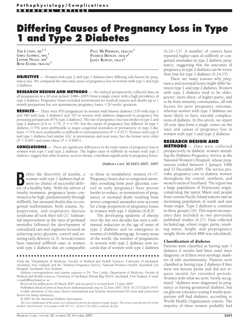 Differing Causes of Pregnancy Loss in Type 1 and Type 2 Diabetes