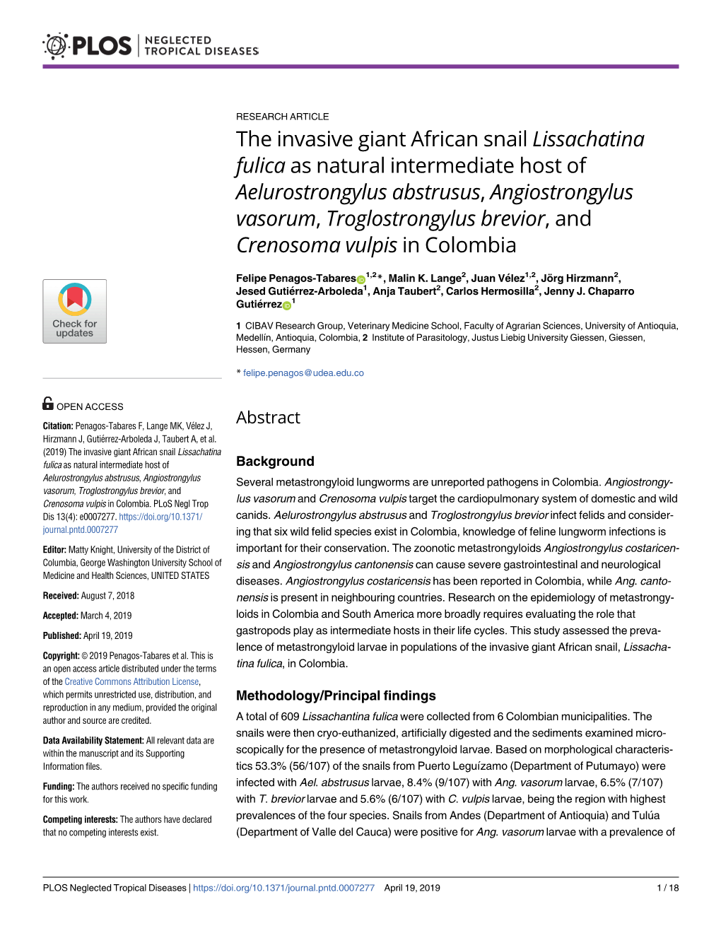 The Invasive Giant African Snail Lissachatina Fulica As Natural Intermediate Host of Aelurostrongylus Abstrusus, Angiostrongylus