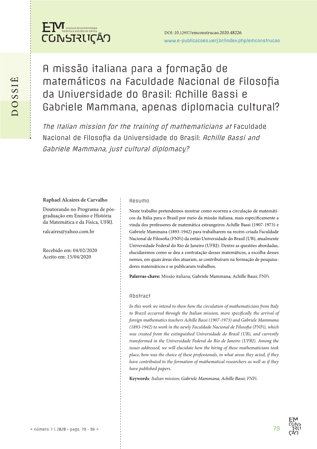 D OSS IÊ a Missão Italiana Para a Formação De Matemáticos Na