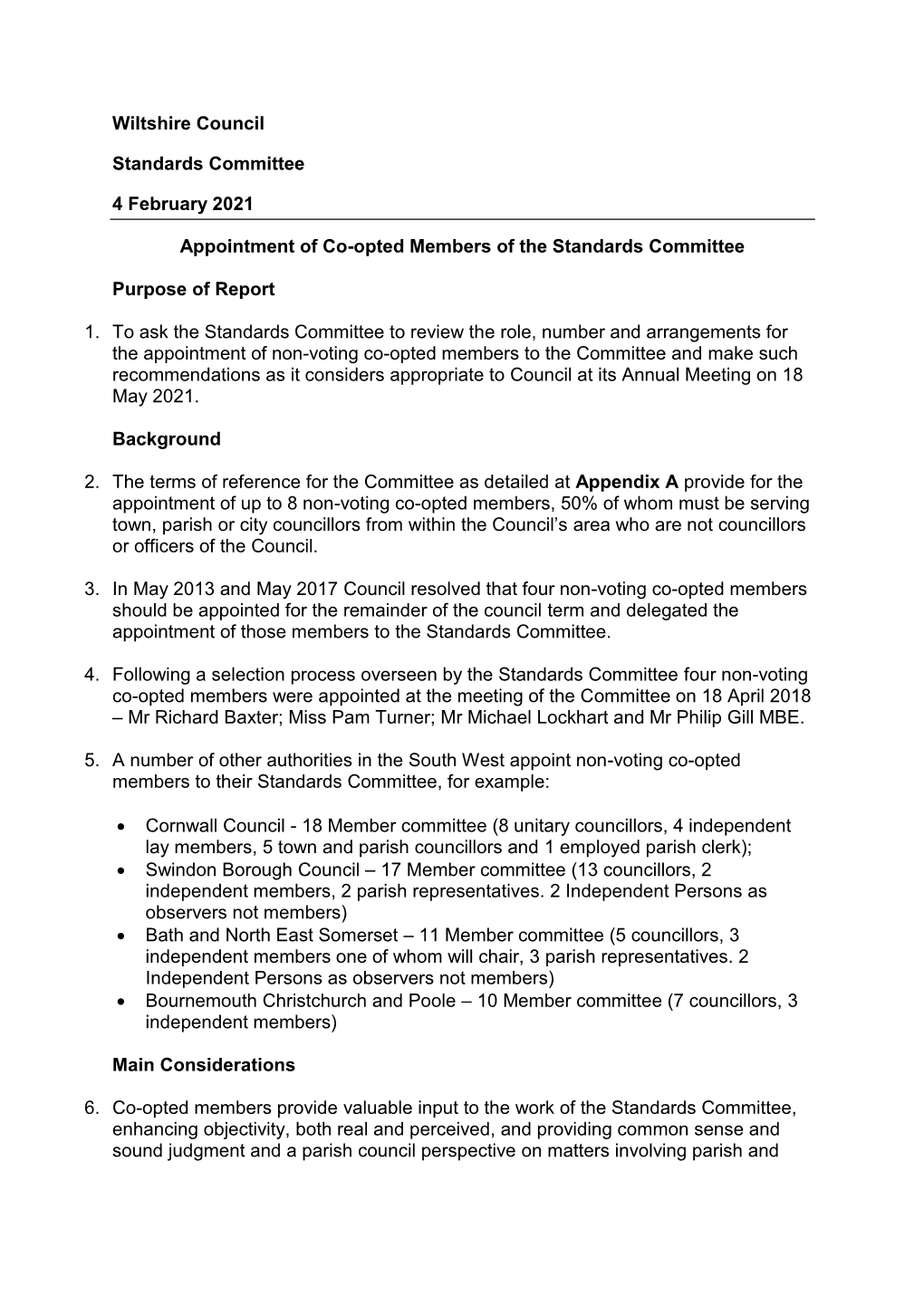 Wiltshire Council Standards Committee 4 February 2021