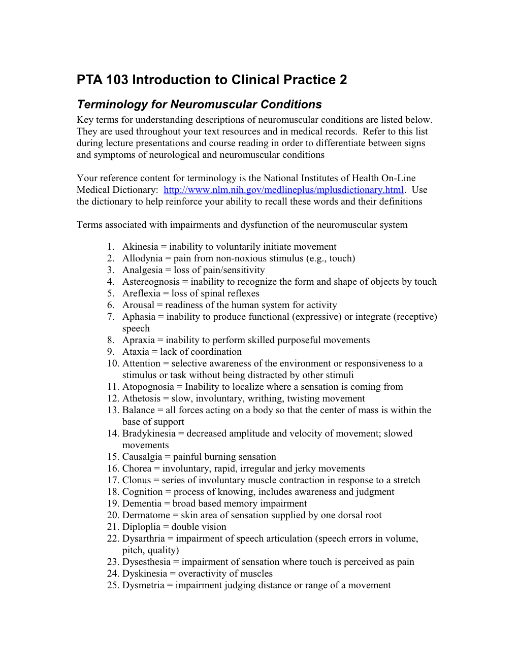 PTA 103 Introduction to Clinical Practice 2