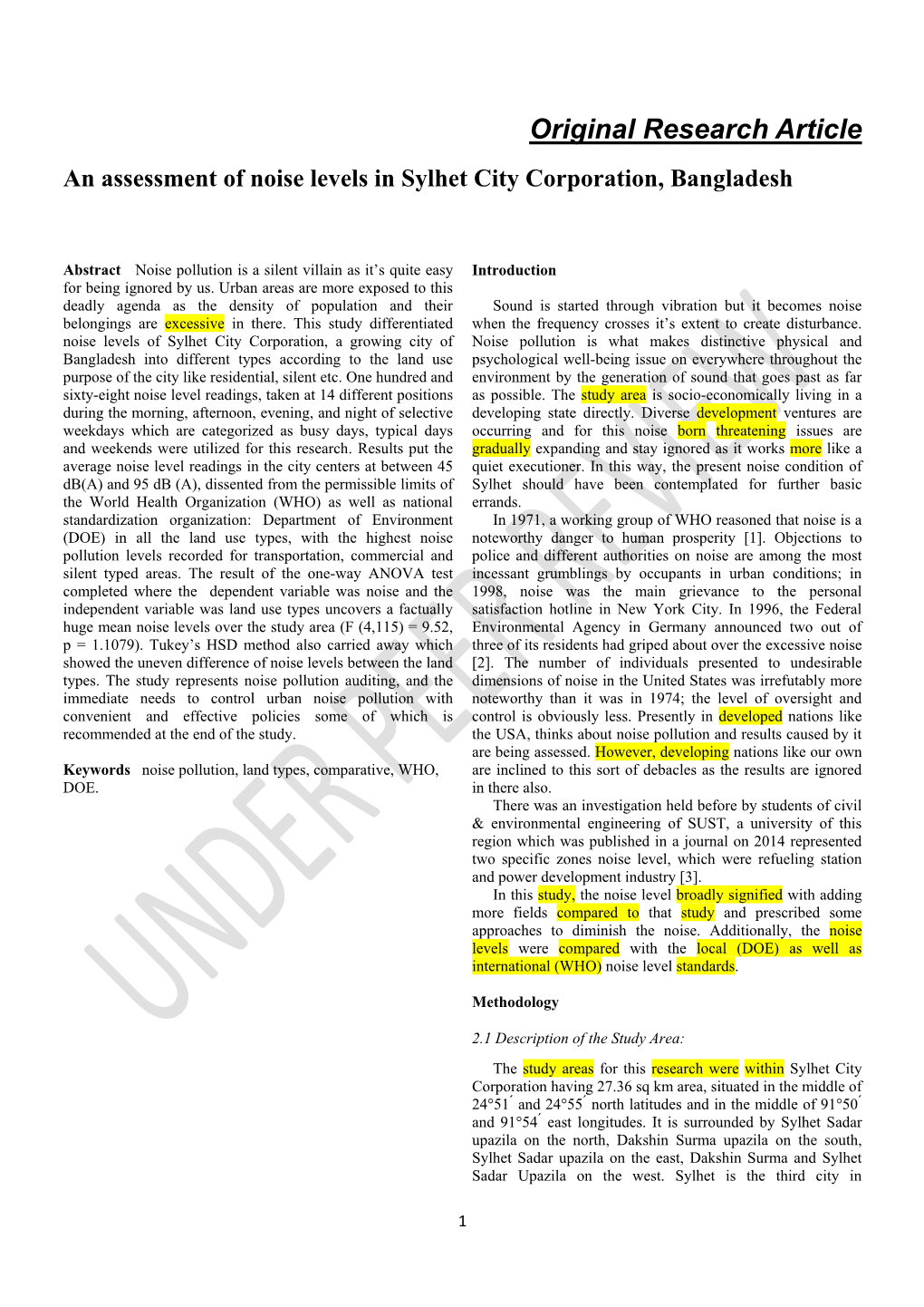 Original Research Article an Assessment of Noise Levels in Sylhet City Corporation, Bangladesh