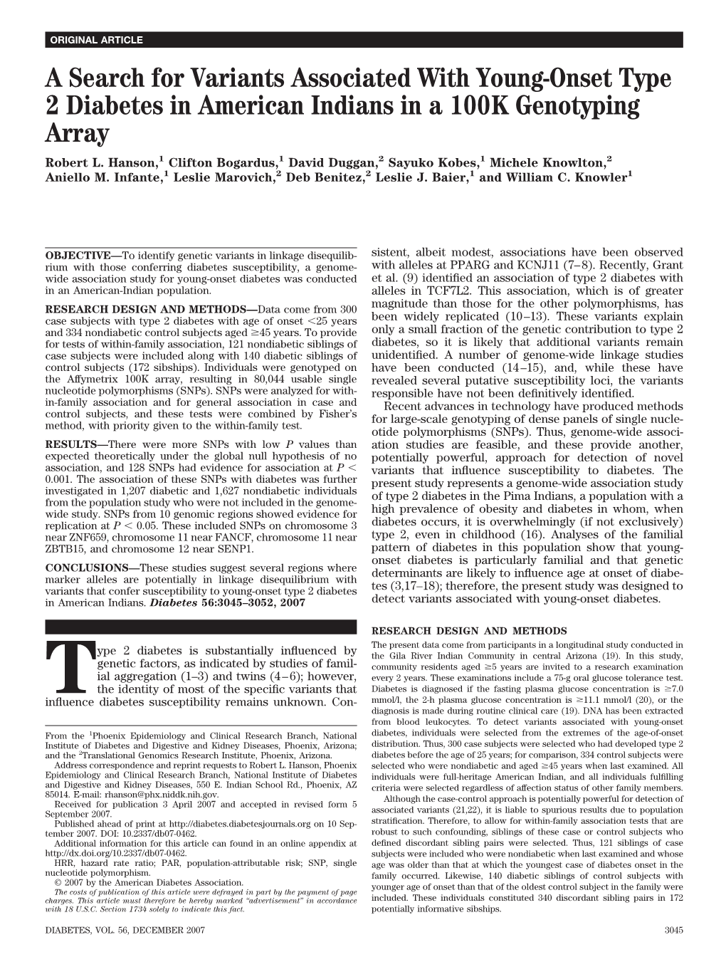 A Search for Variants Associated with Young-Onset Type 2 Diabetes in American Indians in a 100K Genotyping Array Robert L