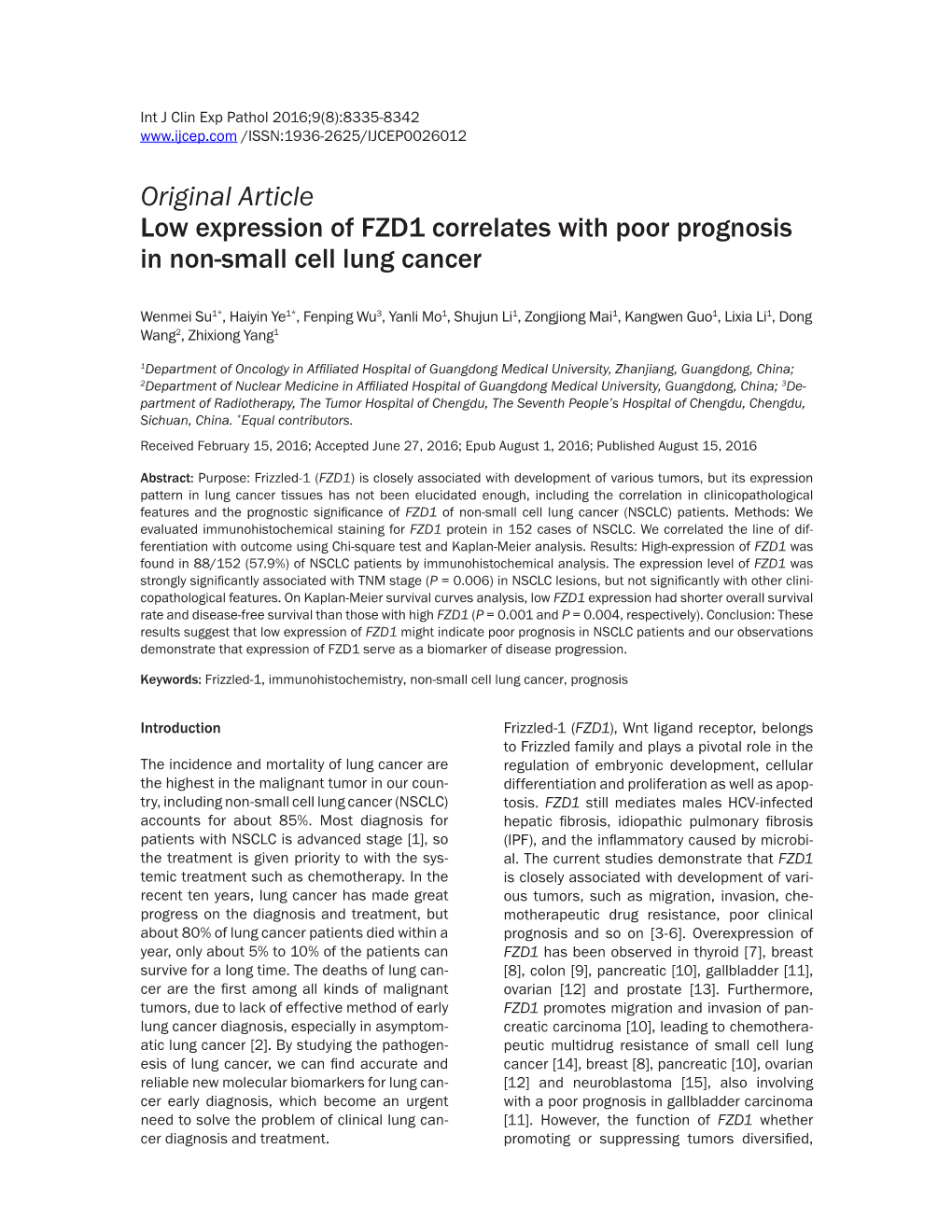 Original Article Low Expression of FZD1 Correlates with Poor Prognosis in Non-Small Cell Lung Cancer
