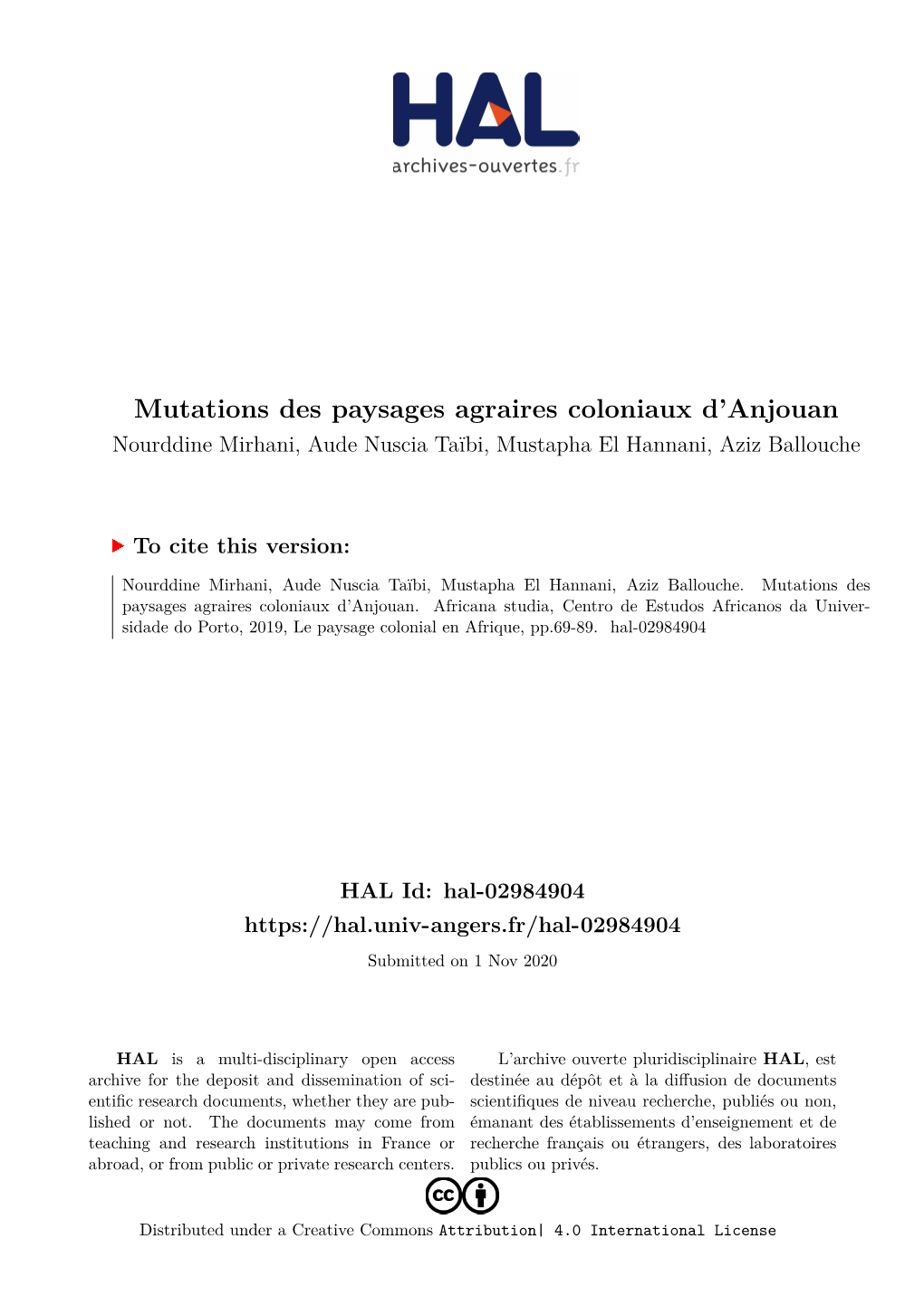 Mutations Des Paysages Agraires Coloniaux D'anjouan