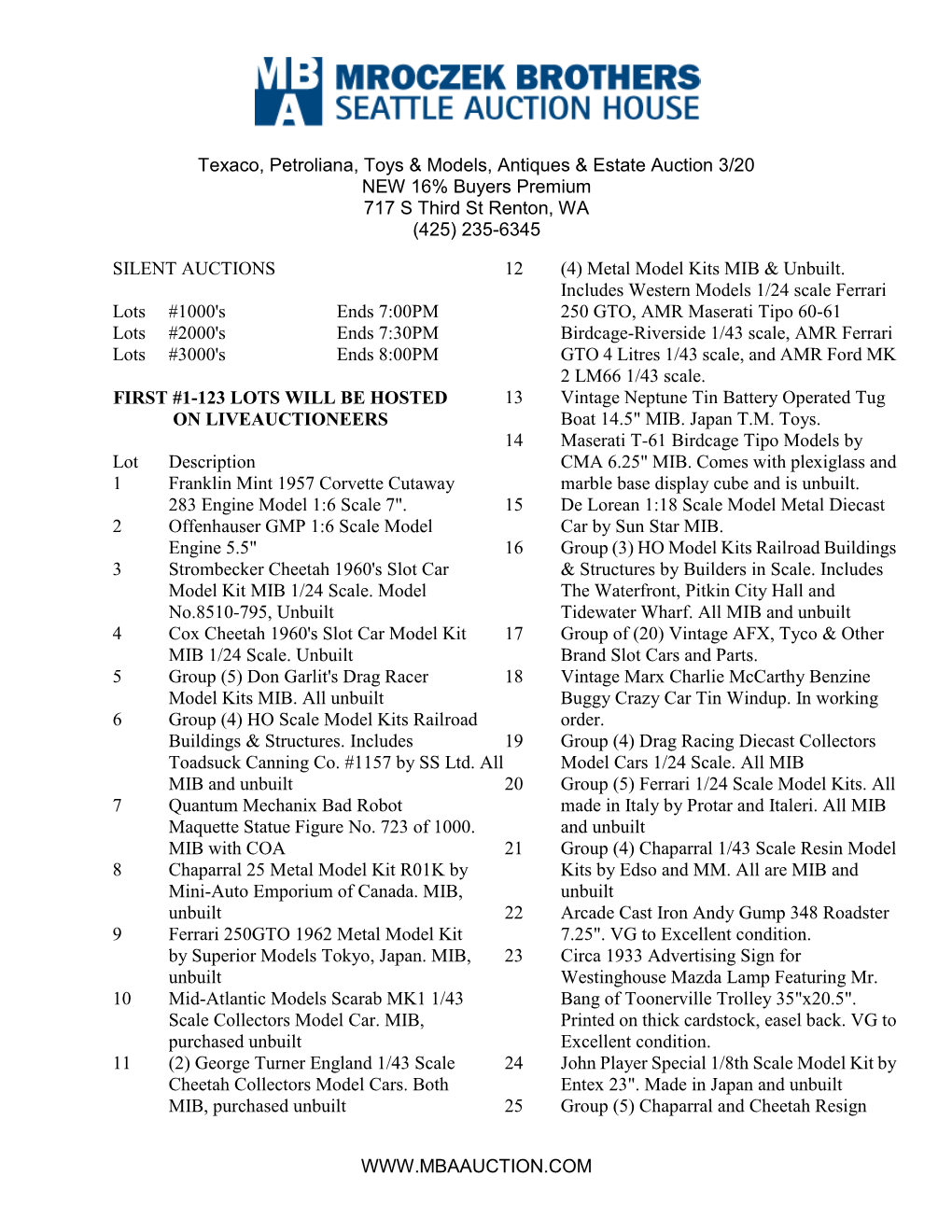 Texaco, Petroliana, Toys & Models, Antiques & Estate Auction 3/20 NEW 16% Buyers Premium 717 S Third St Renton, WA