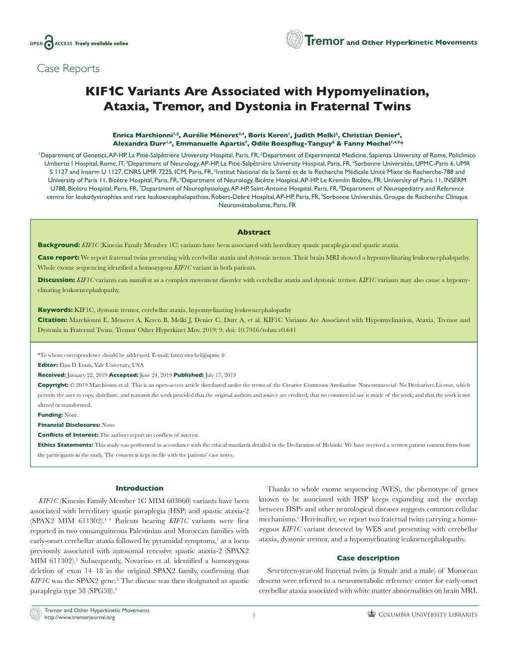 KIF1C Variants Are Associated with Hypomyelination, Ataxia, Tremor, and Dystonia in Fraternal Twins