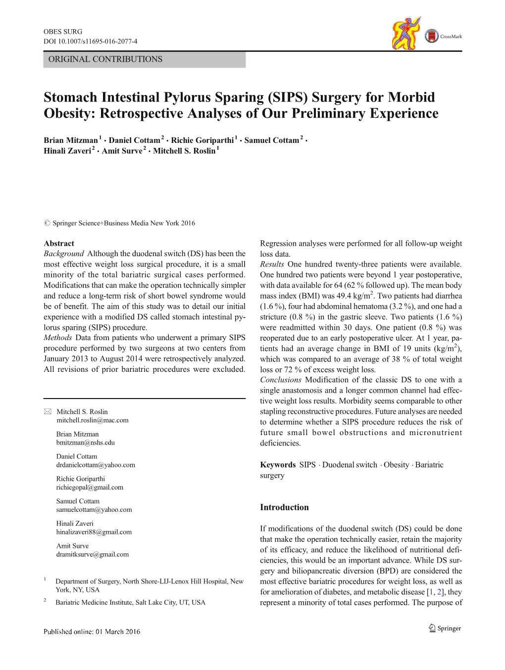 SIPS) Surgery for Morbid Obesity: Retrospective Analyses of Our Preliminary Experience
