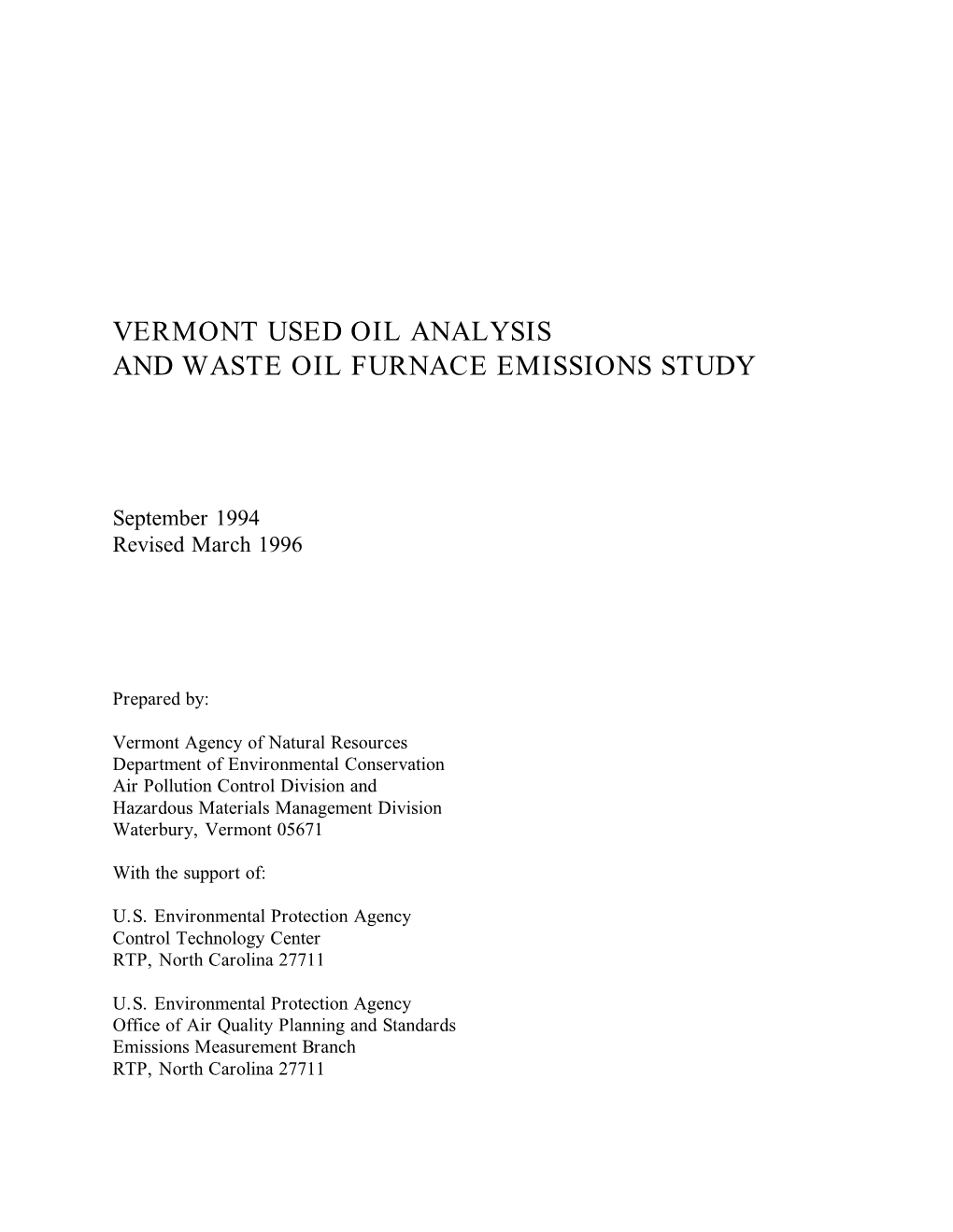 Vermont Used Oil Anaysis & Waste Oil Furnace Emission Study