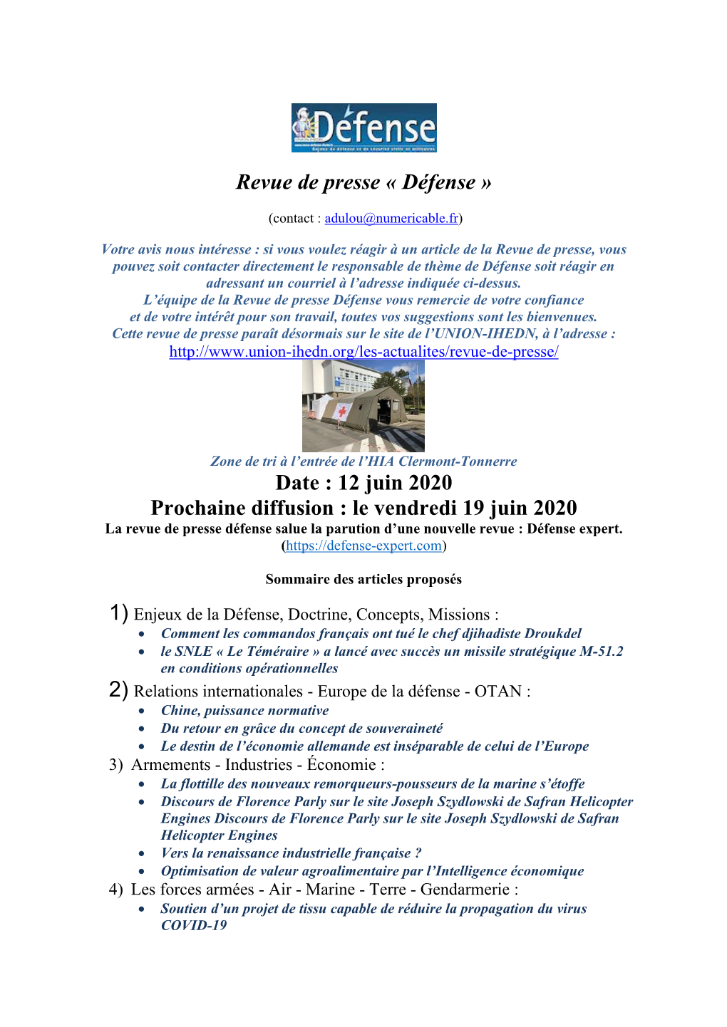 Revue De Presse « Défense » Date : 12 Juin 2020