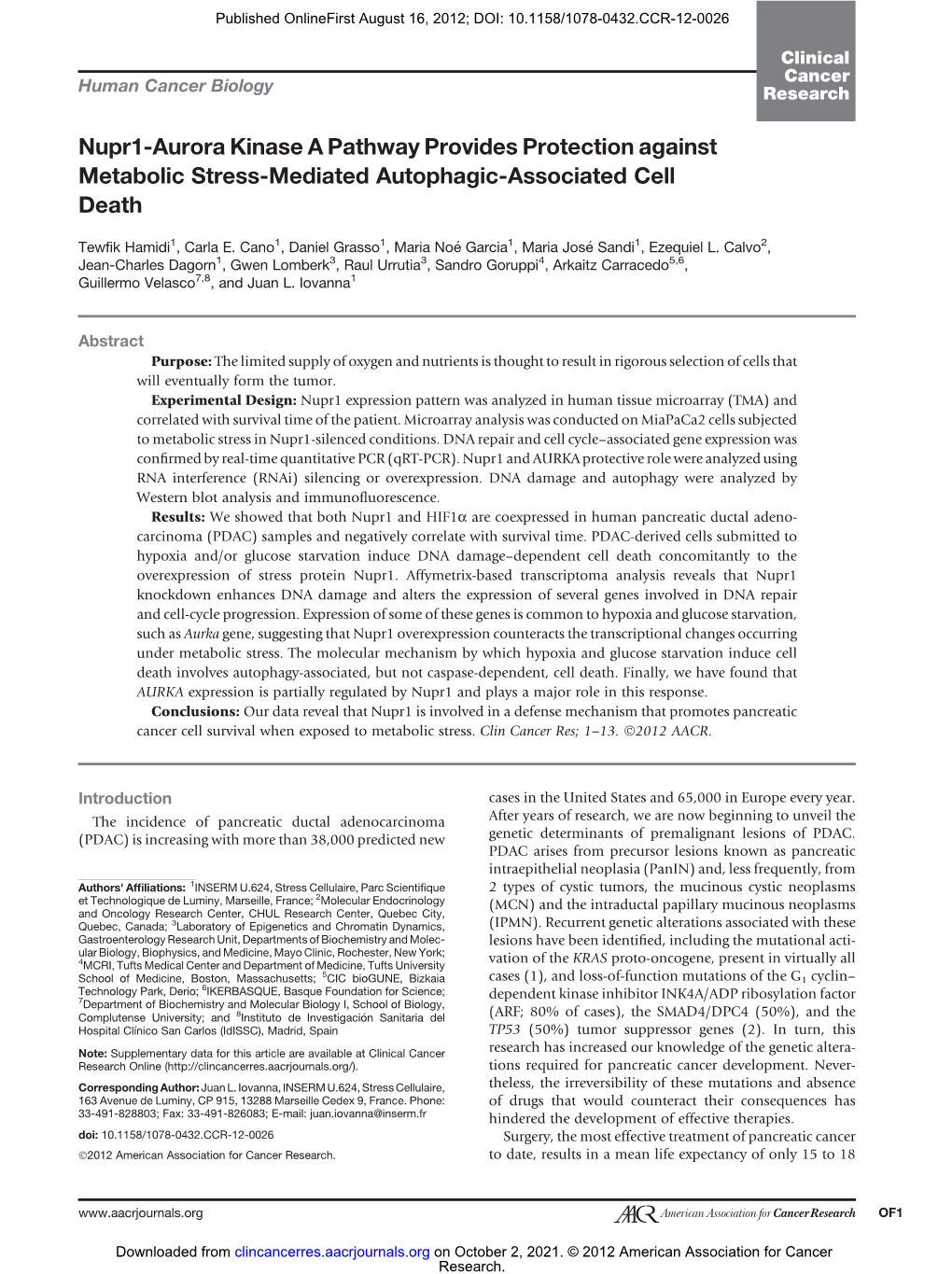 Nupr1-Aurora Kinase a Pathway Provides Protection Against Metabolic Stress-Mediated Autophagic-Associated Cell Death