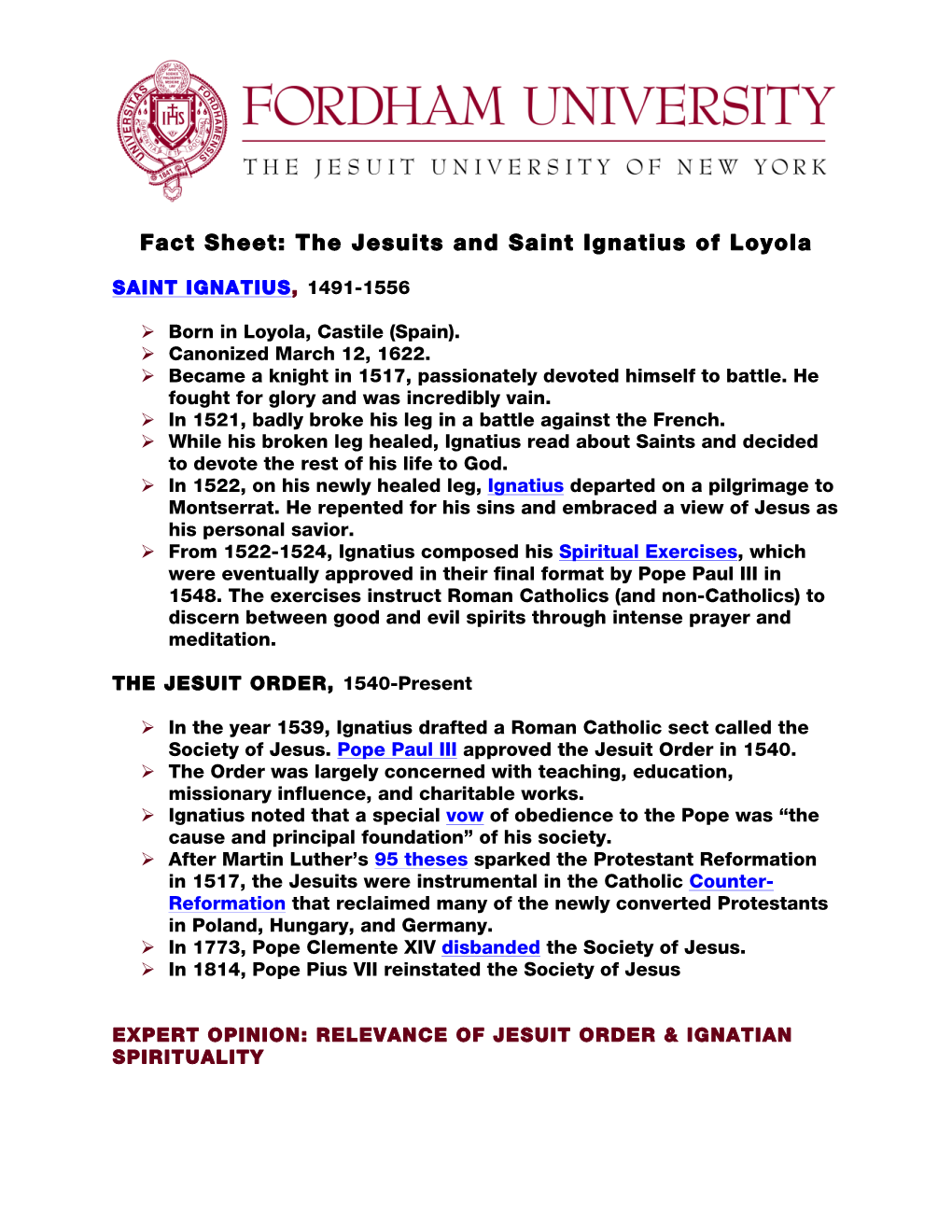 Fact Sheet: the Jesuits and Saint Ignatius of Loyola