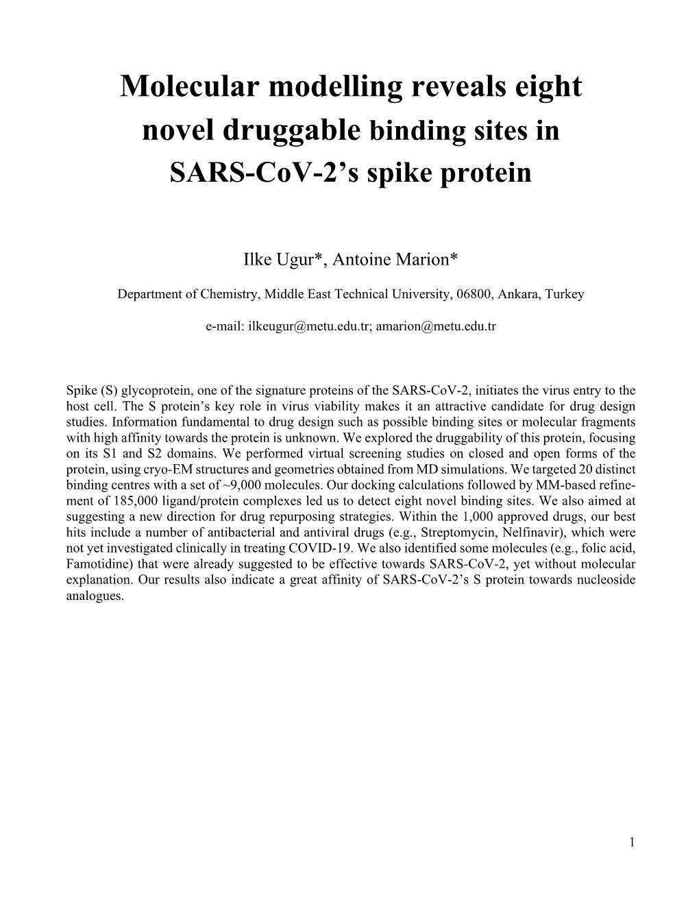 Molecular Modelling Reveals Eight Novel Druggable Binding Sites in SARS-Cov-2’S Spike Protein