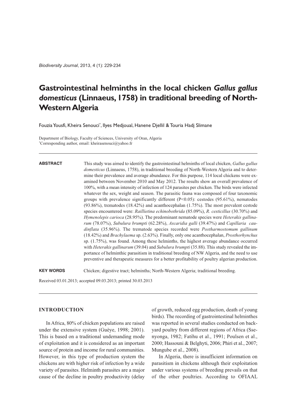 Gastrointestinal Helminths in the Local Chicken Gallus Gallus Domesticus (Linnaeus, 1758) in Traditional Breeding of North- Western Algeria