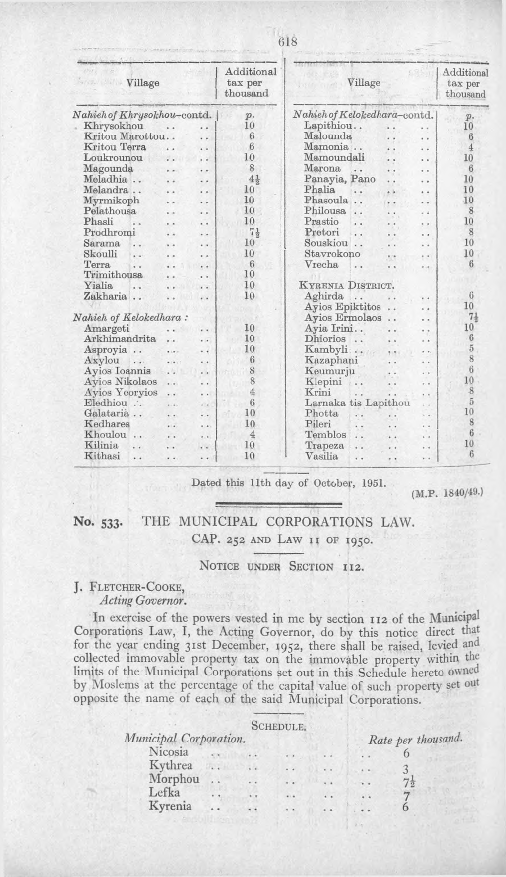 No. 533. the MUNICIPAL CORPORATIONS LAW. CAP. 252 and Law Ii of 1950