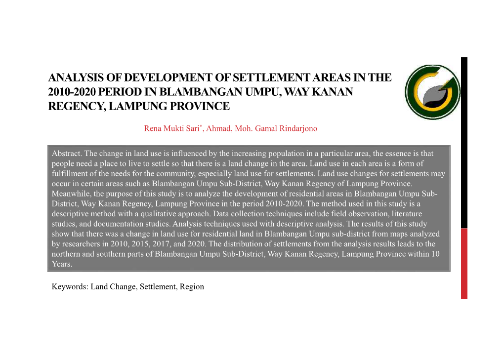 Analysis of Development of Settlement Areas in the 2010-2020 Period in Blambangan Umpu, Way Kanan Regency, Lampung Province