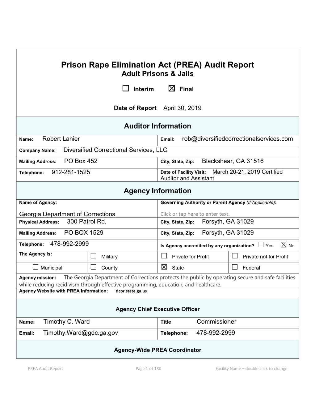 Prison Rape Elimination Act (PREA) Audit Report Adult Prisons & Jails