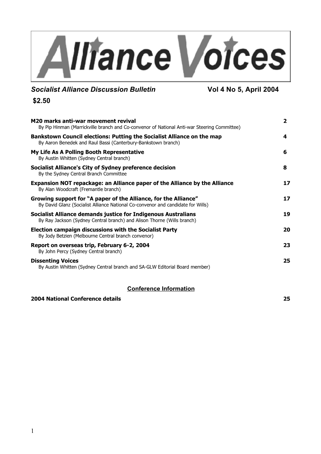 Socialist Alliance Discussion Bulletin Vol 4 No 5, April 2004 $2.50