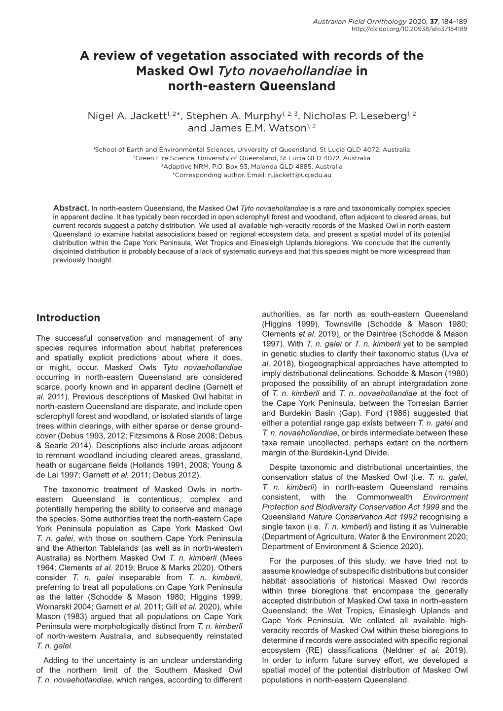 A Review of Vegetation Associated with Records of the Masked Owl Tyto Novaehollandiae in North-Eastern Queensland