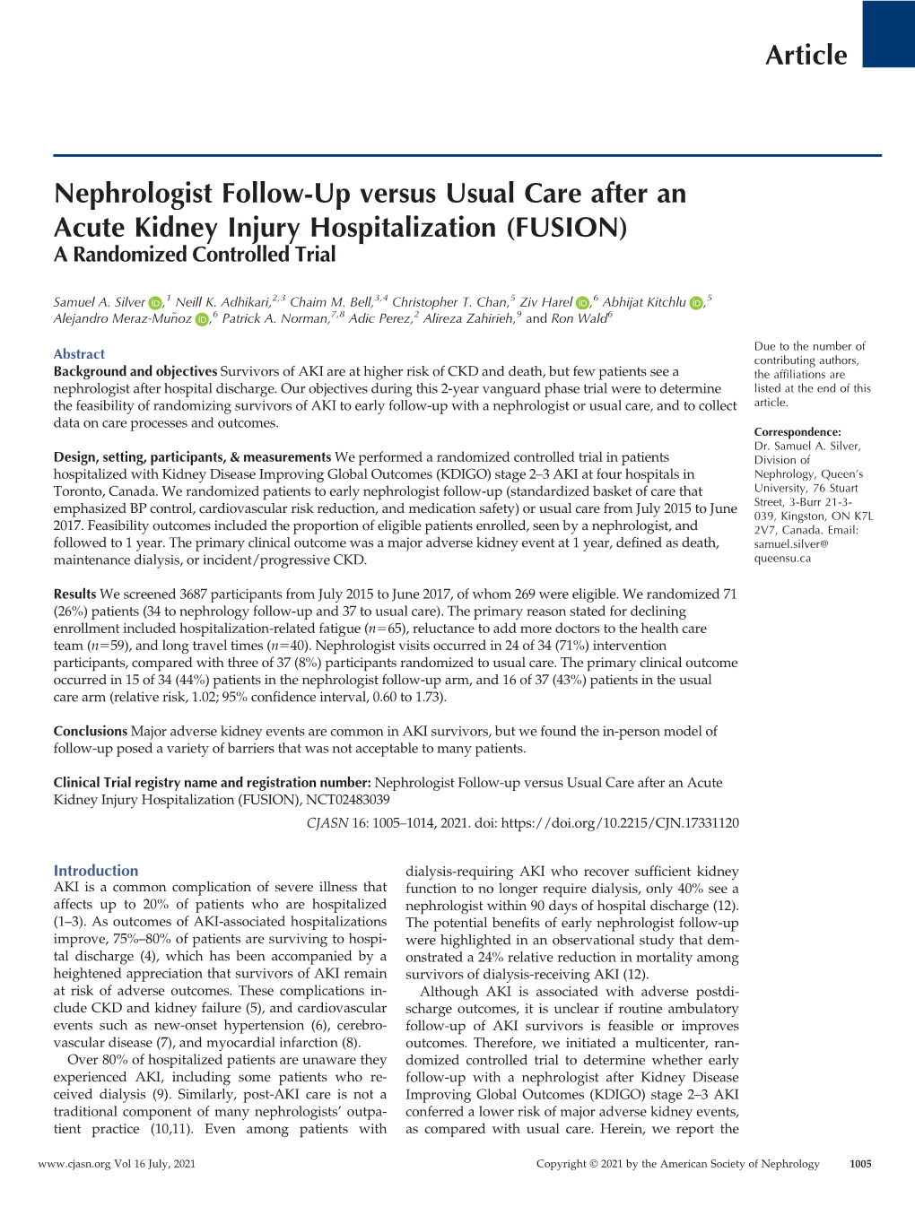 Nephrologist Follow-Up Versus Usual Care After an Acute Kidney Injury Hospitalization (FUSION) a Randomized Controlled Trial