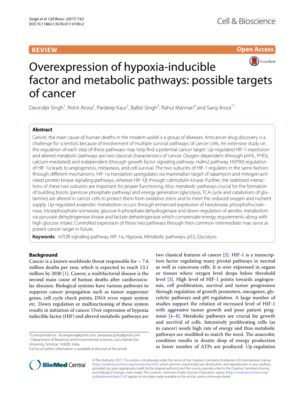 Overexpression of Hypoxia-Inducible Factor and Metabolic Pathways